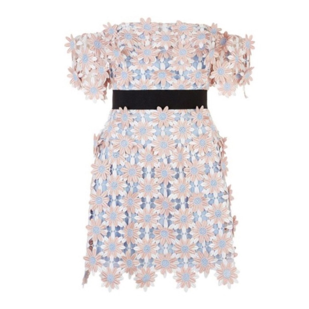 Off-Shoulder Floral Lace Mini Dress in Light Pink and Blue
